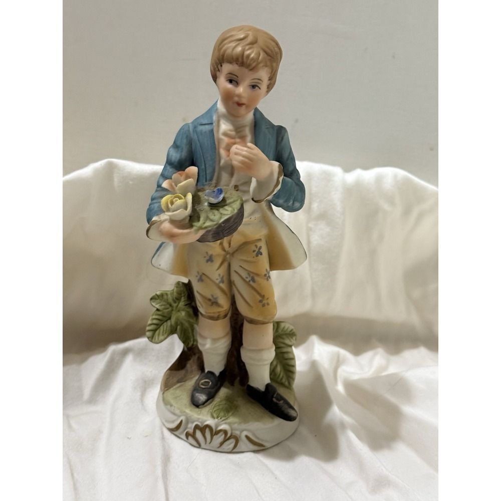 Vintage Bisque Ceramic Figurine, Boy with Flowers 7"
